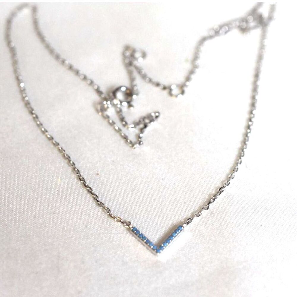 Dreamy Petite Blue  Enamel/Crystal Accent V Silver Tone Link Chain 16" Necklace